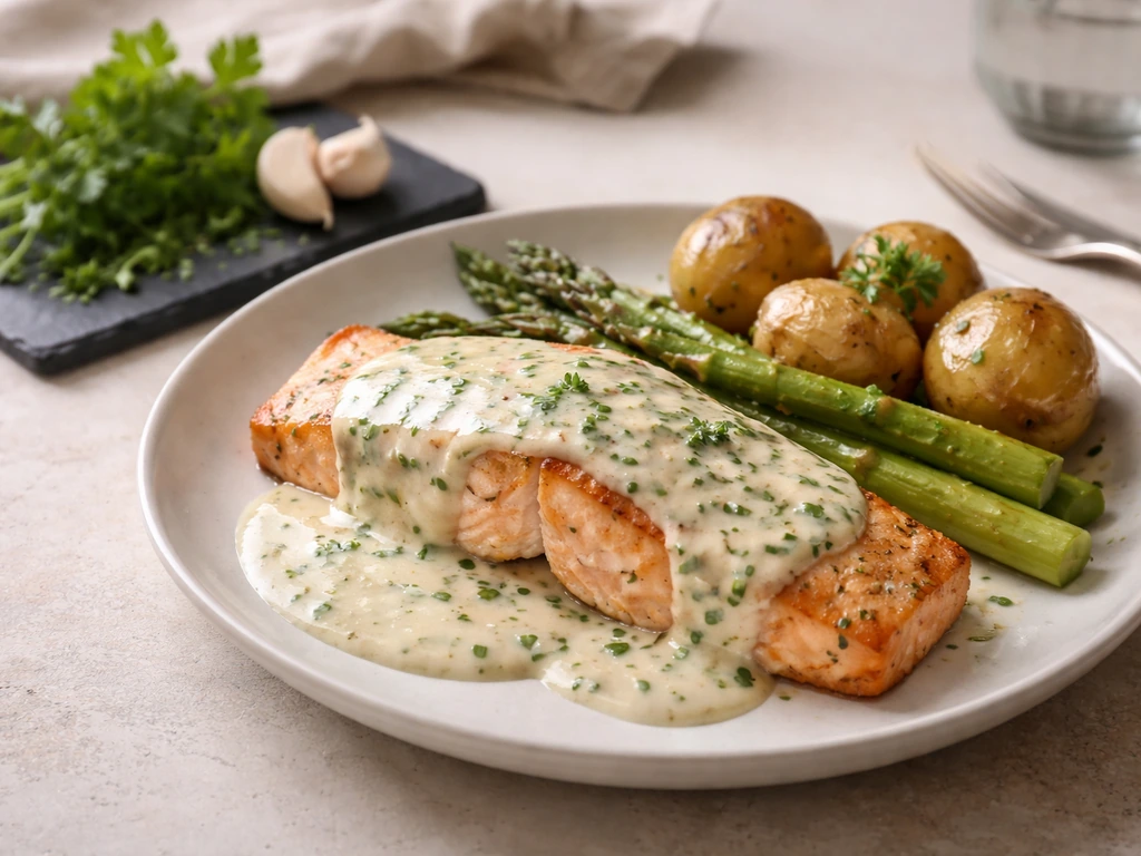 Assiette de saumon nappé de sauce ail et fines herbes, avec herbes fraîches et gousses d’ail à côté.