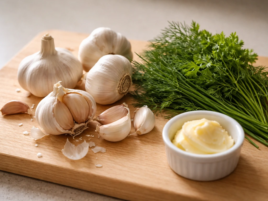 Plan rapproché d’ingrédients de cuisine : gousses d’ail, fines herbes et crème/beurre sur une planche en bois.