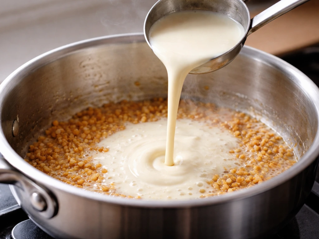 Casserole : ail doré non brûlé et crème versée, sauce lisse et homogène qui prend immédiatement.