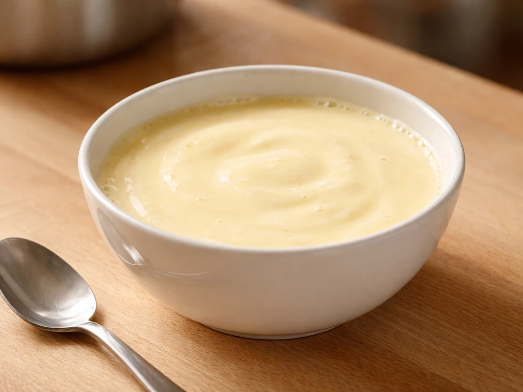 Bol de mélange beurre et crème, crème fleurette/double avant réduction, posé sur plan de cuisine.