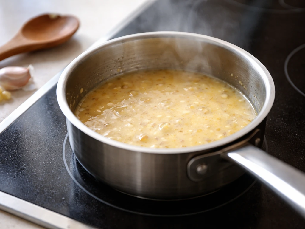 Sauce beurre blanc brillante au beurre, réduction d’ail, dans une petite casserole en cuisine.