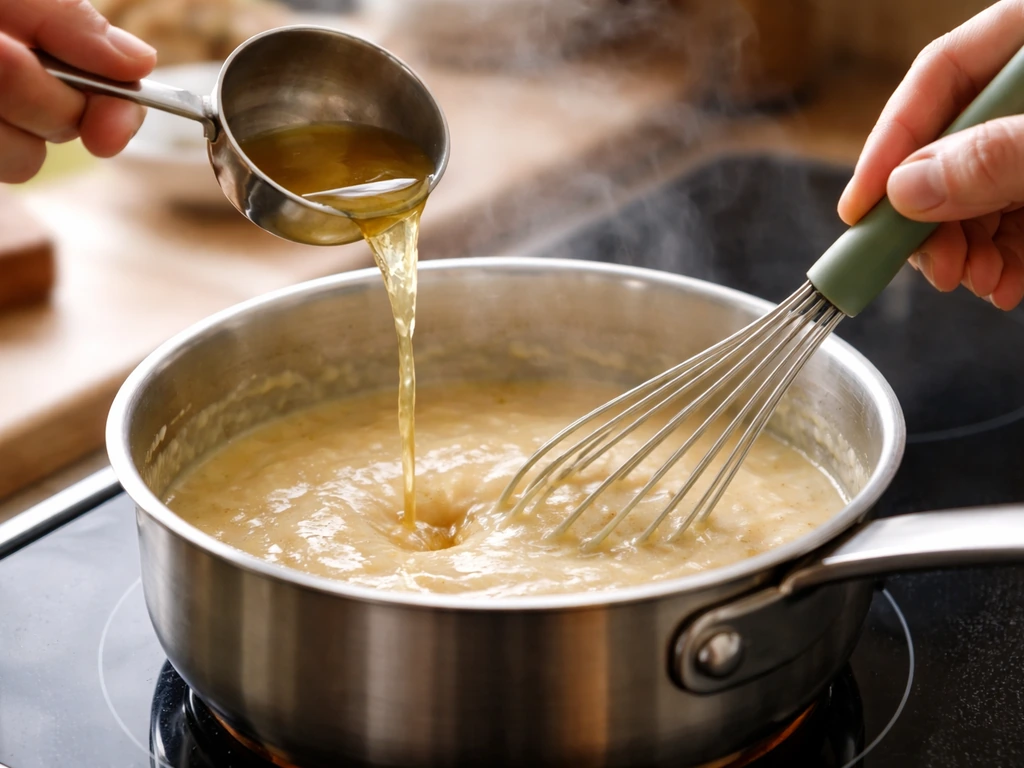 Poêle avec une sauce crémeuse en train d’être fouettée, texture rattrapée avec un ajout de bouillon chaud.