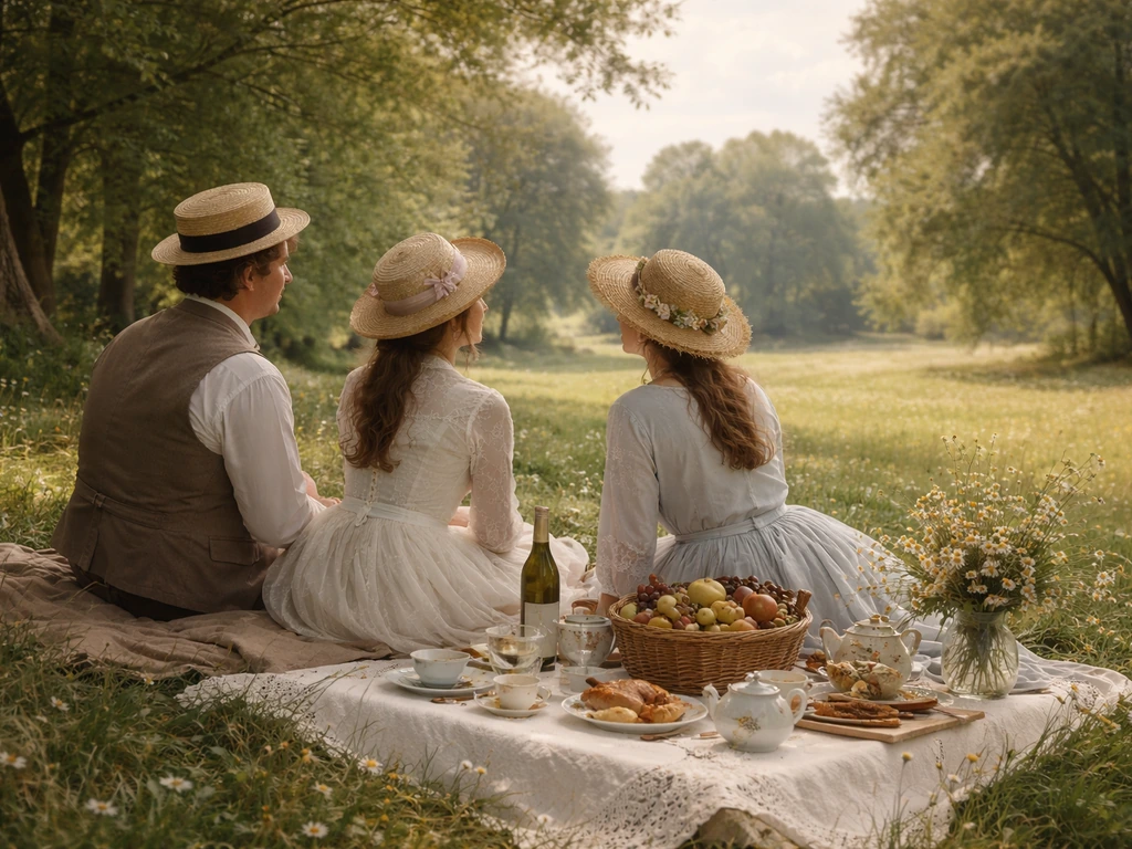 Déjeuner champêtre sur l’herbe, table en porcelaine et panier de fruits dans un parc, style XIXe.