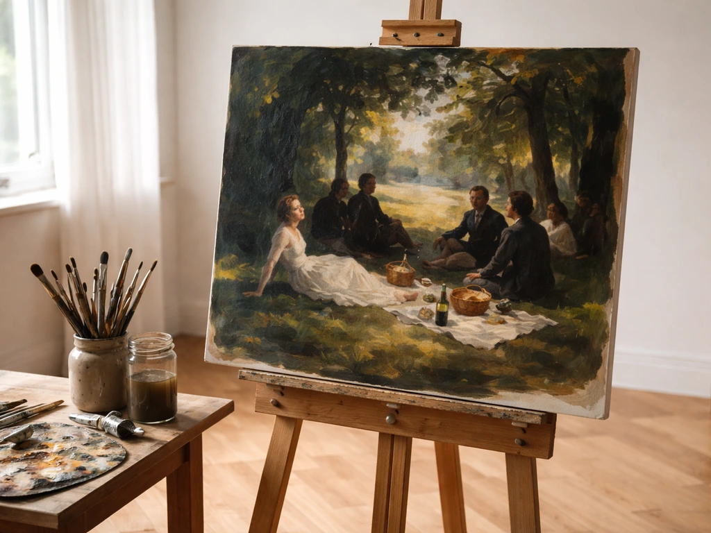 Une scène minimale dans un atelier d’artiste, avec une toile évoquant « Le Déjeuner sur l’herbe » de Manet.