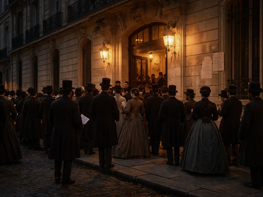 Reconstitution à Paris en 1863 devant le bâtiment du Salon des Refusés, foule et affiches, ambiance d’époque.