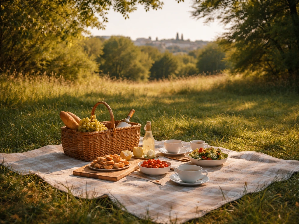Pique-nique sur l’herbe à Poitiers : couverture et panier repas sous une lumière estivale, ville en arrière-plan flou.