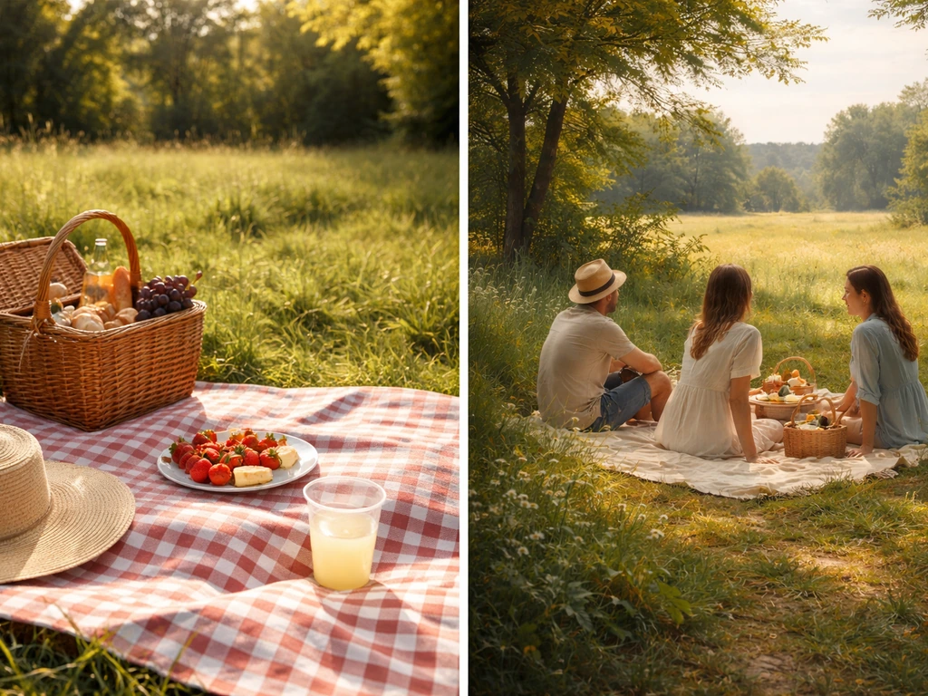 Juxtaposition d’un pique-nique estival et d’une scène inspirée d’un tableau dans une clairière sur l’herbe.