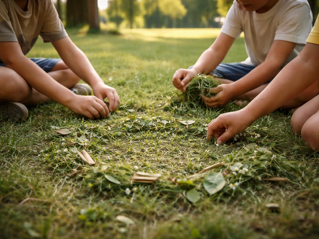 Enfants en atelier en plein air, observant et façonnant des formes avec de l’herbe et des feuilles à Poitiers