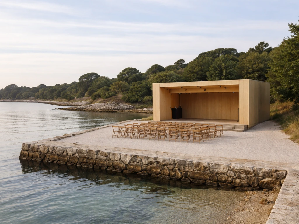 Vue de l’île aux Moines : petite scène au bord de l’eau, mer calme et ambiance théâtre jeune public.