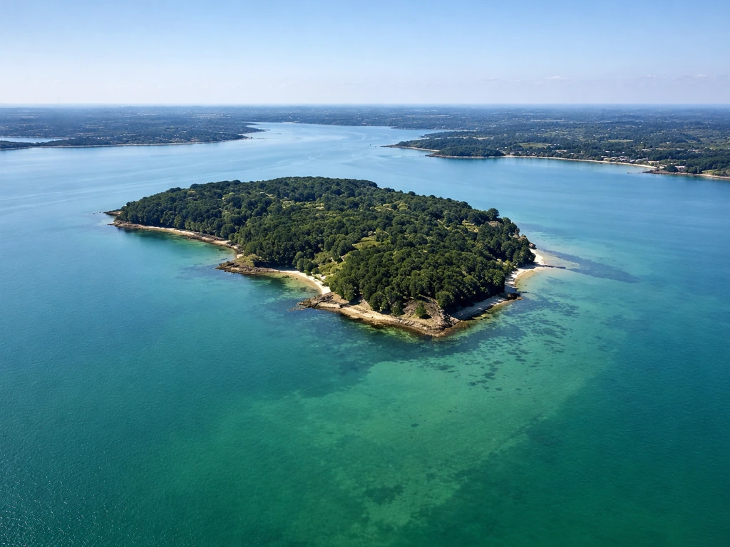 Vue aérienne minimaliste du Golfe du Morbihan avec une île au centre et un accès depuis Port-Blanc (Arradon).