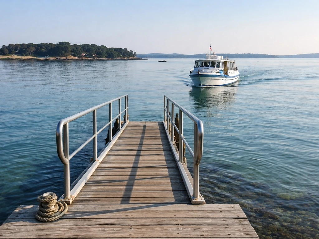 Embarcadère à Port-Blanc avec un petit bateau qui s’apprête à effectuer la courte traversée vers l’île aux Moines.