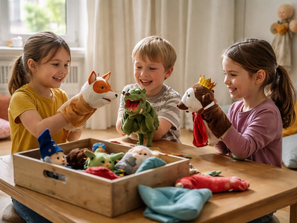 Enfants en atelier théâtre avec marionnettes, dans une salle claire et chaleureuse, ambiance jeune public.