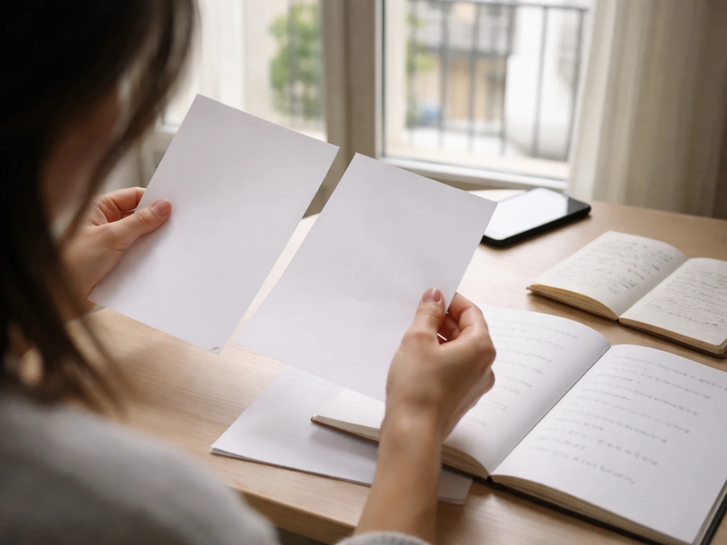 Table avec carnet et téléphone, silhouette floue comparant des pages pour distinguer des URL.