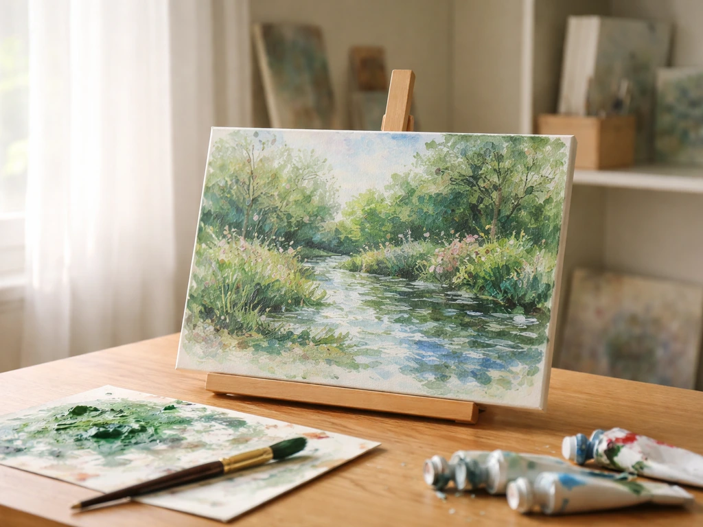Tableau d’un jardin en herbe et étang évoquant Monet, avec un pinceau et une toile dans une pièce lumineuse.