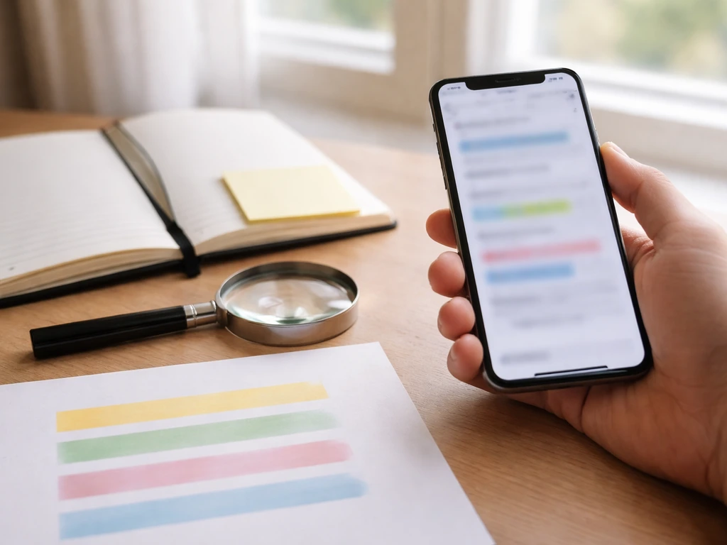 Main avec smartphone et loupe, carnet de dépannage sur une table près d’une fenêtre, sans texte lisible.