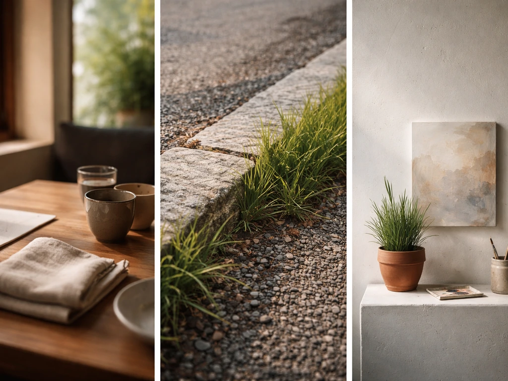 Trois vignettes photo montrant un restaurant, un sol avec herbe, et un atelier artistique, sans texte.