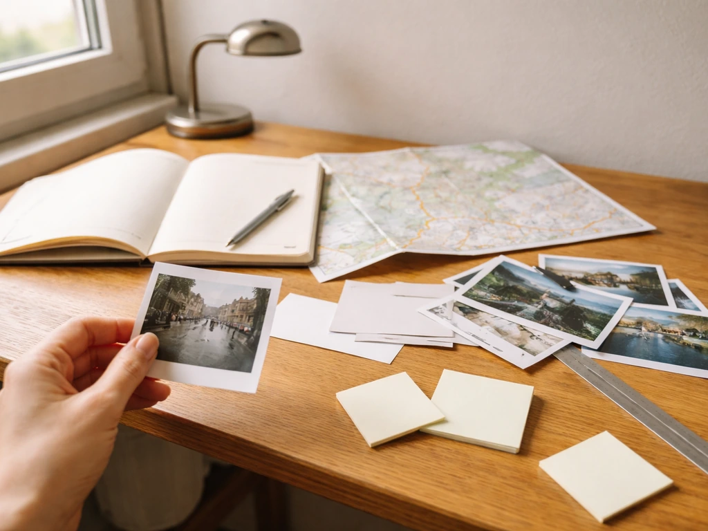 Table de travail minimaliste avec cahier ouvert, photos et carte pliée, main anonyme consultant des indices.
