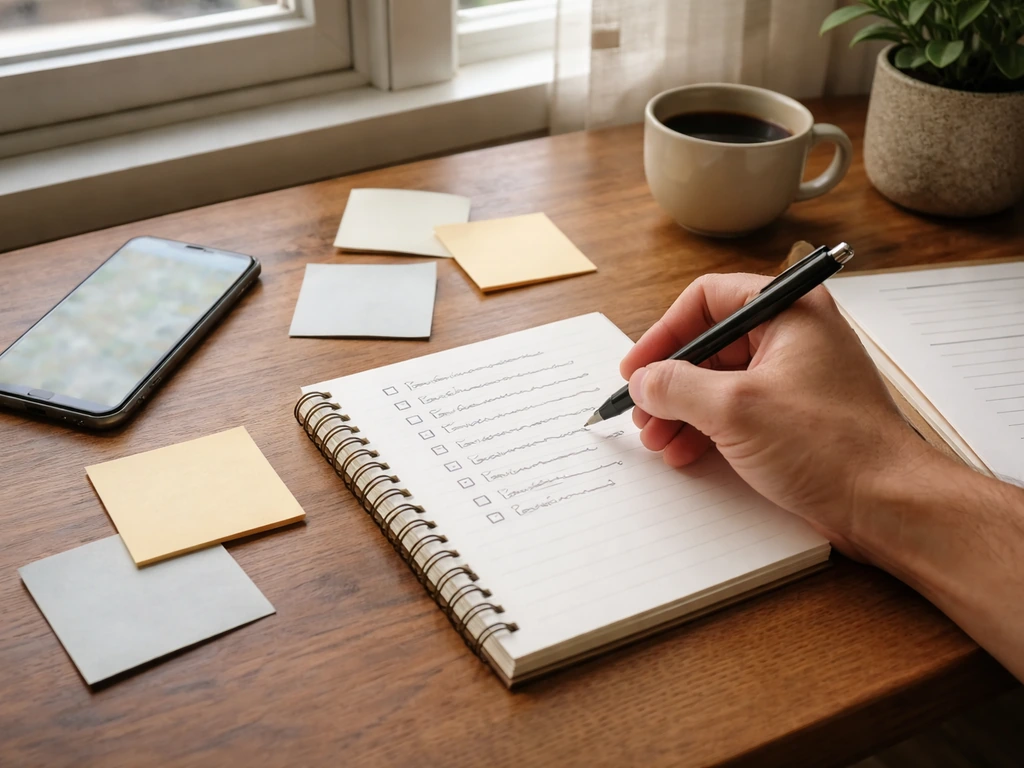 Table de travail avec carnet et post-it montrant une checklist de mots-clés pour une recherche locale à Morlaix