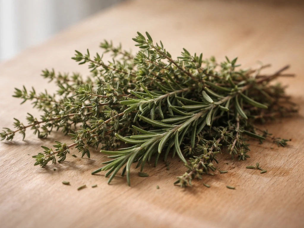 Gros plan sur des herbes de Provence fraîches (thym, romarin, sarriette) sur une table en bois.