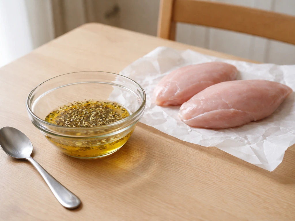 Bol de marinade avec huile d’olive, jus de citron et herbes de Provence, prêt à enrober du poulet.