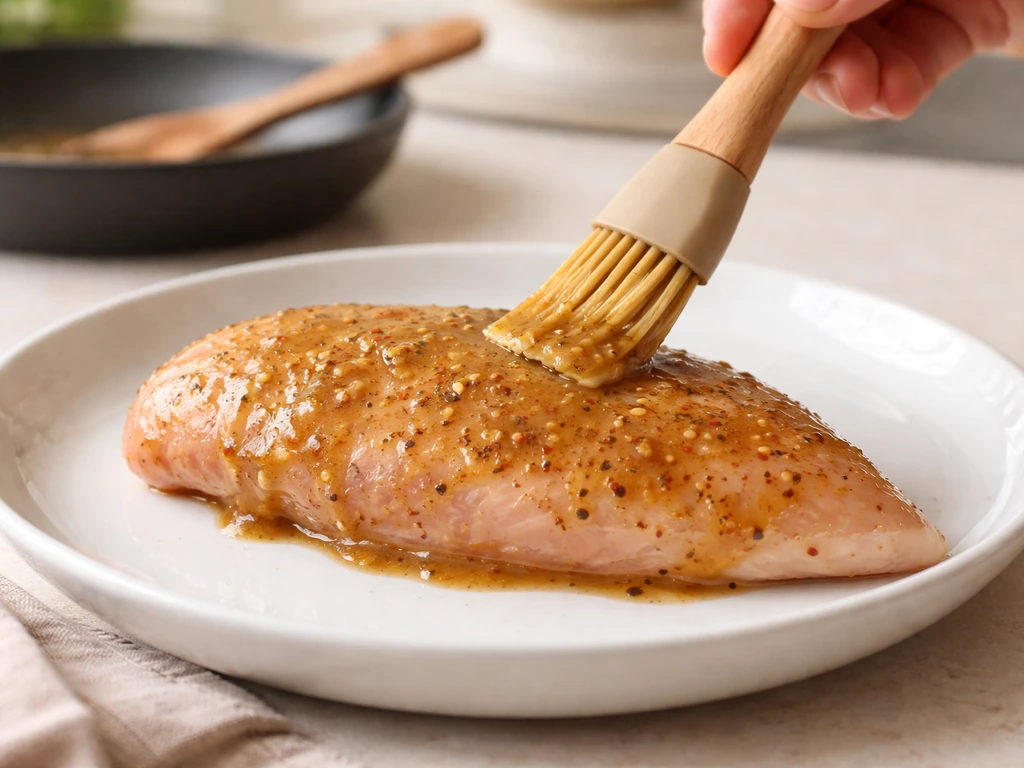 Blancs de poulet en cours de marinade, badigeonnés uniformément dans une cuisine lumineuse.