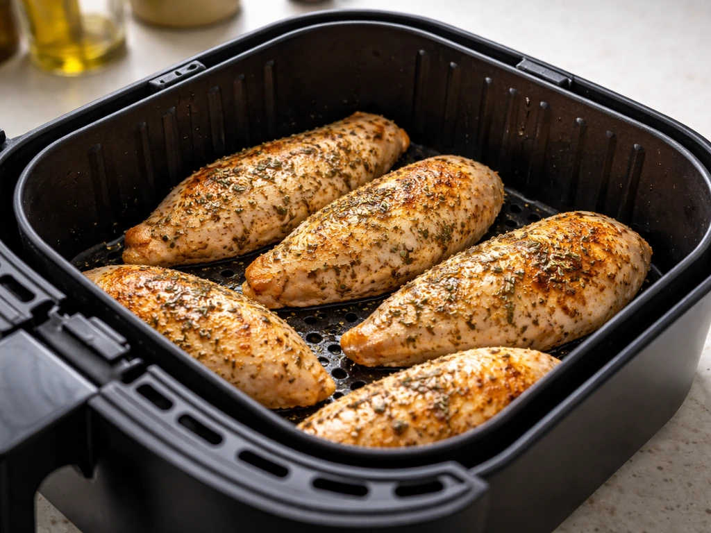 Filets de poulet aux herbes de Provence dans le panier d’un airfryer, surface dorée en cours de cuisson.