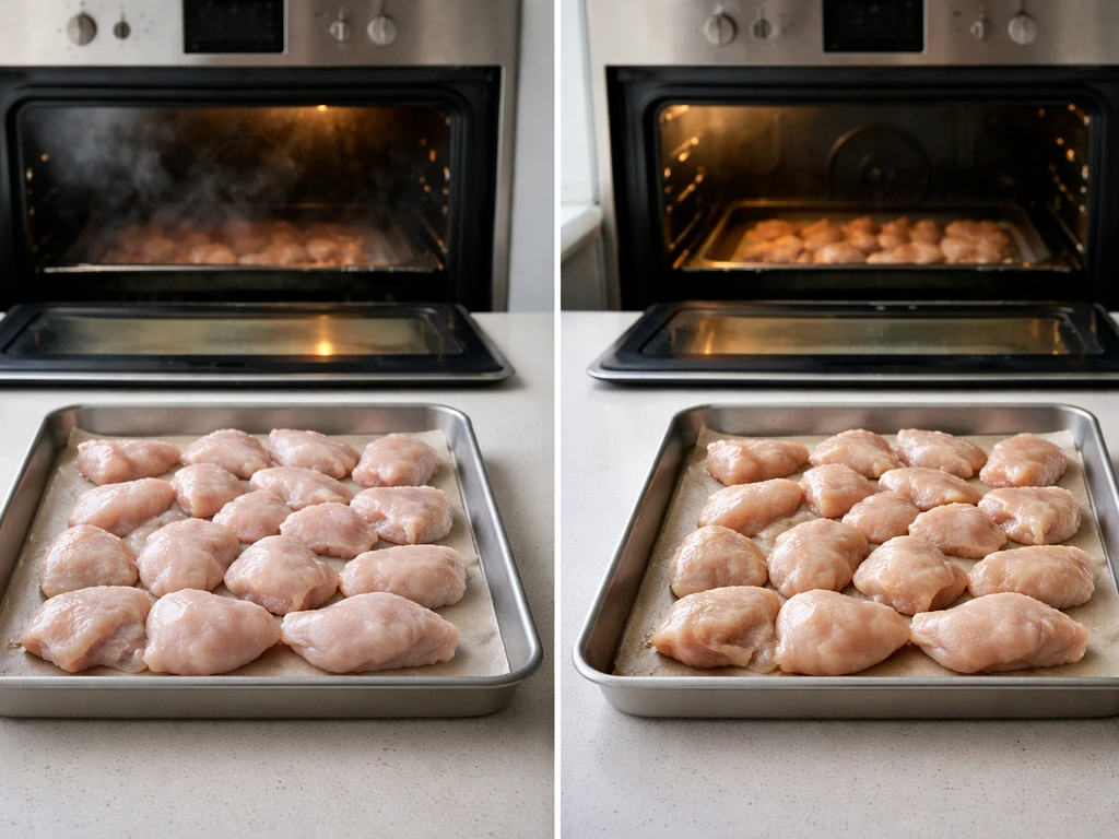 Deux plateaux de poulet côte à côte, cuisson inégale à gauche et plus homogène à droite.