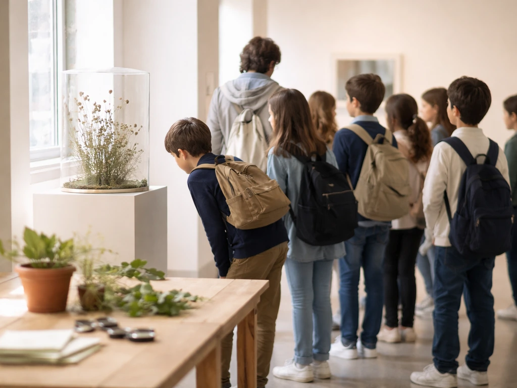 Élèves en visite guidée au musée, puis atelier avec terre et plantules pour un thème “herbe”.