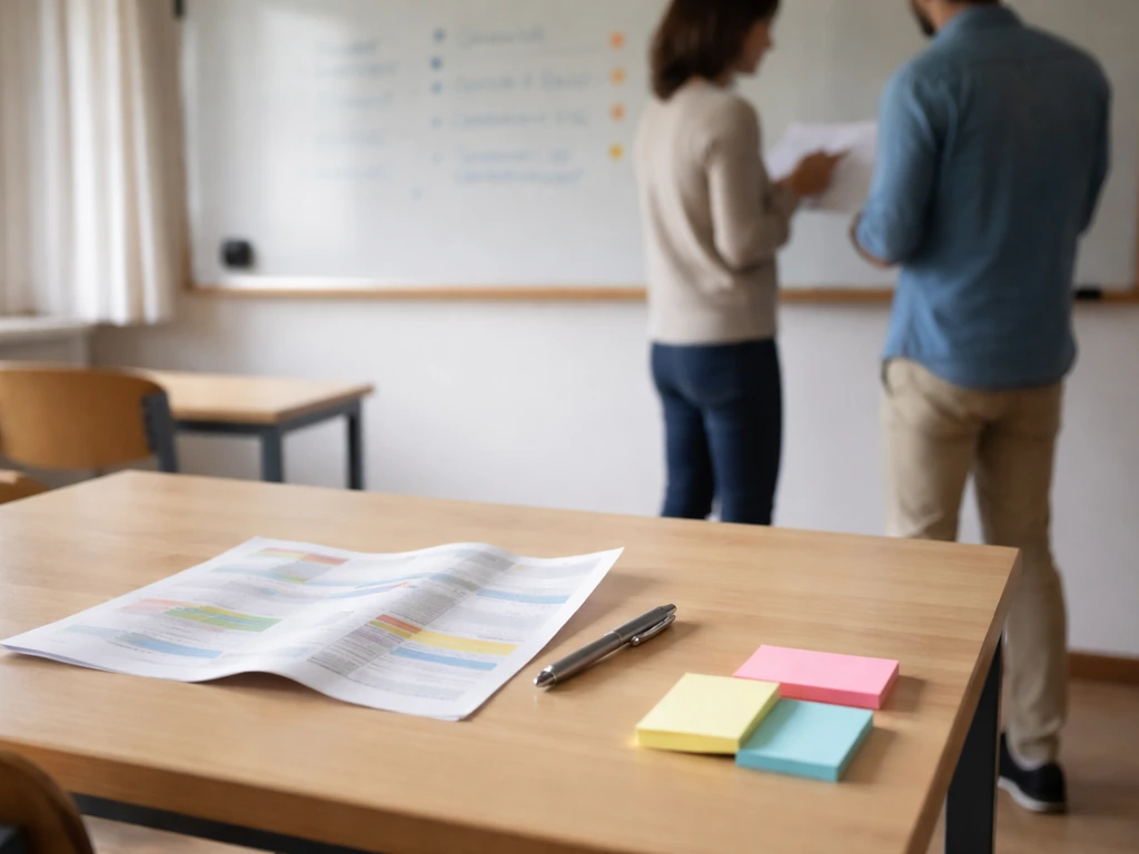 Salle de classe calme avec un plan de séance, post-it et un tableau de critères, préparation en équipe.