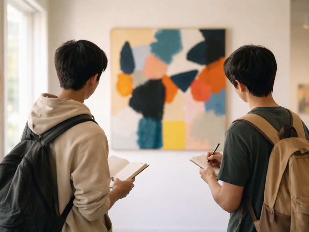 Deux élèves observent une œuvre au musée et prennent des notes sur un carnet de visite.