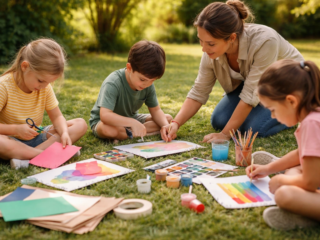 Enseignante et enfants réalisant un atelier créatif sur l’herbe, matériel d’art et gestes guidés en cours.