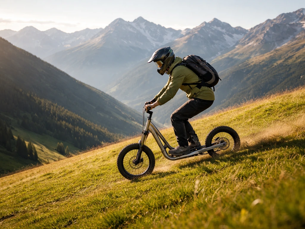 Une personne anonyme dévale une pente herbeuse des Alpes en trottin-herbe à Serre Chevalier, sommets au fond.