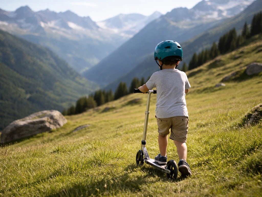 Trottinette sur herbe d’alpage en pente avec sommets alpins au fond, ambiance Serre Chevalier.