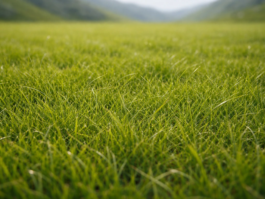 Gros plan d’une pelouse d’alpage dense et rase, sans trous ni pierres visibles, texture de l’herbe.