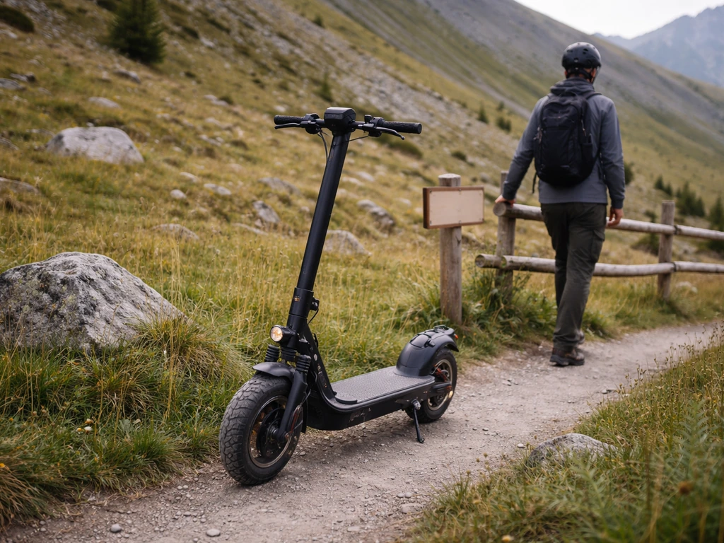 Trottinette électrique à l’arrêt sur un sentier d’alpage, personne casquée, près d’une barrière de protection.