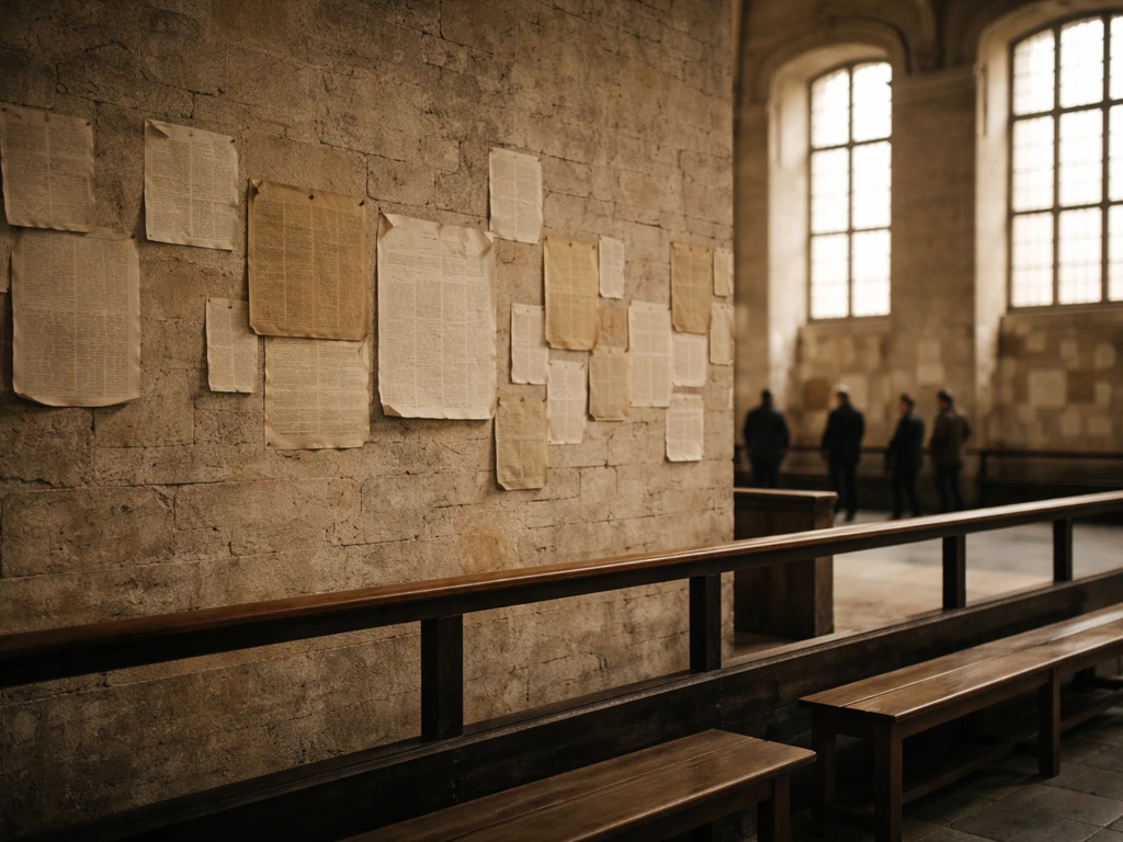 Intérieur d’un salon d’exposition du XIXe siècle, affiches et documents anciens sur des murs, ambiance d’atelier à Paris