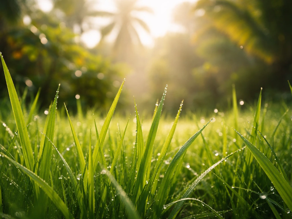 Jeune herbe luxuriante aux Antilles, lumière naturelle, ambiance de croissance évoquant le “génie en herbe”.