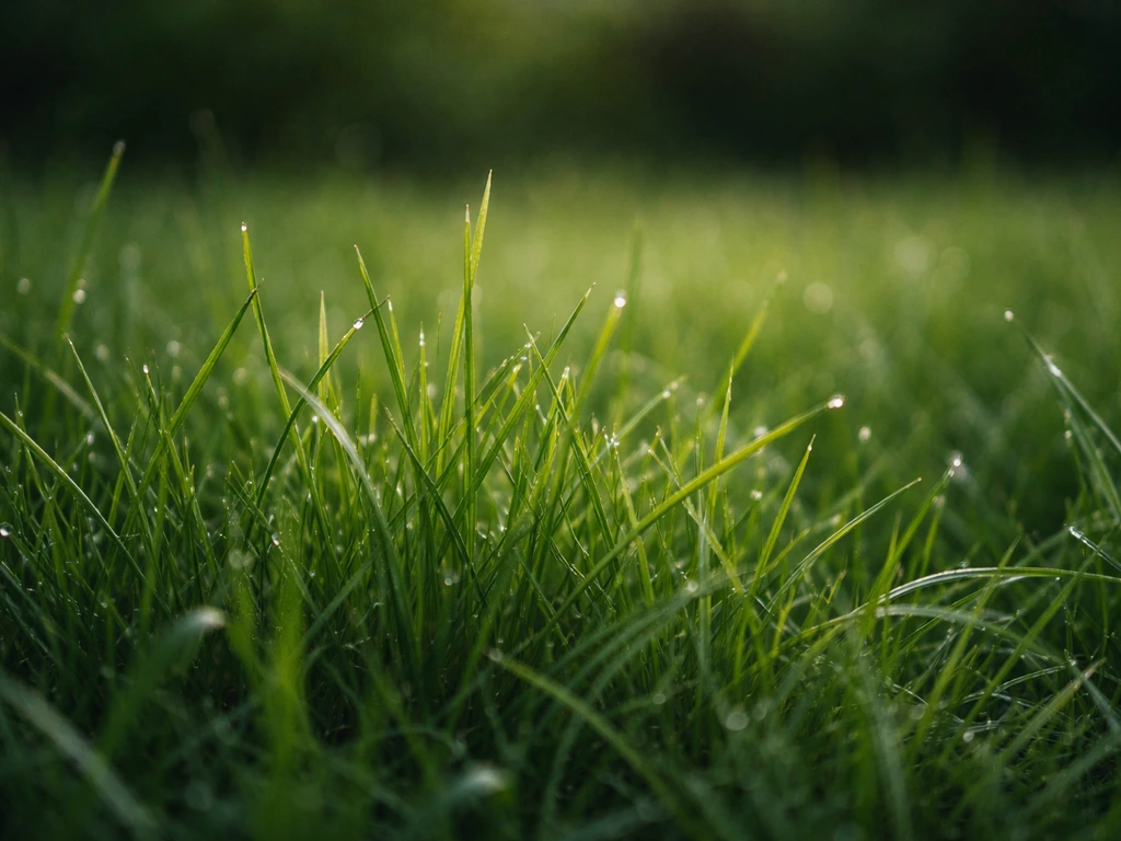 Gros plan sur de l’herbe fraîche couverte de rosée, brins verts détaillés et arrière-plan flou.