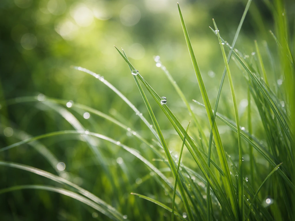 Plan rapproché de brins d’herbe au premier plan, lumière filtrée à travers le feuillage, ambiance XIXe siècle
