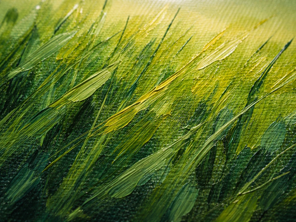 Détail de touches de peinture en verts vifs et lumineux évoquant une prairie de Monet