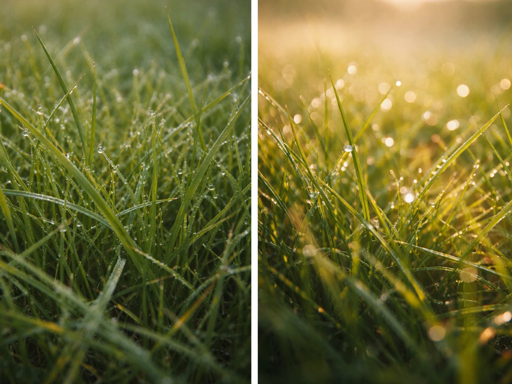 Diptyque photo : brins d’herbe à L’Herbe, texture de lumière évoquant l’impressionnisme