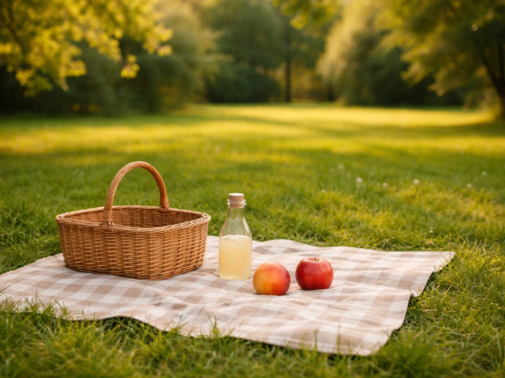Plaid et panier en osier sur l’herbe verte, pique-nique d’été dans un parc avec feuillage flou.