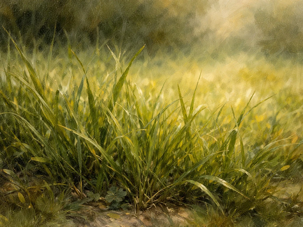 Gros plan de l’herbe du premier plan sur une toile, avec textures et couleurs vertes visibles.