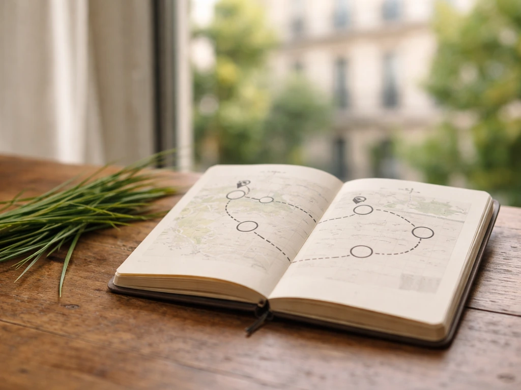 Carnet de visite sur une table à Paris avec plan et repères, accompagné de brins d’herbe verts.