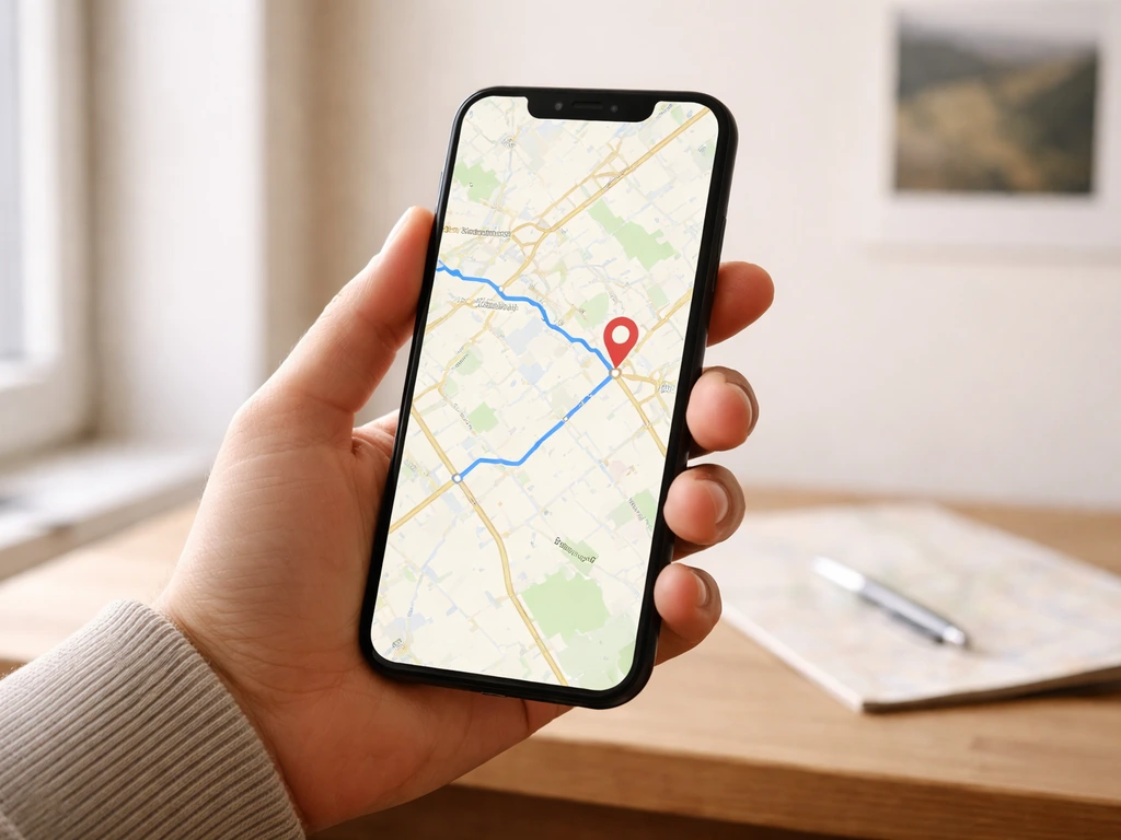 Main tenant un smartphone avec une carte et un repère près de Caen, pour éviter la mauvaise commune.