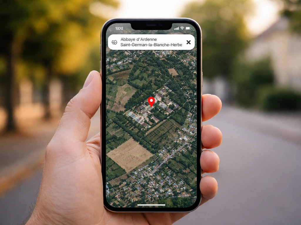 Main tenant un smartphone : écran affichant une vue satellite centrée sur « Abbaye d'Ardenne ».