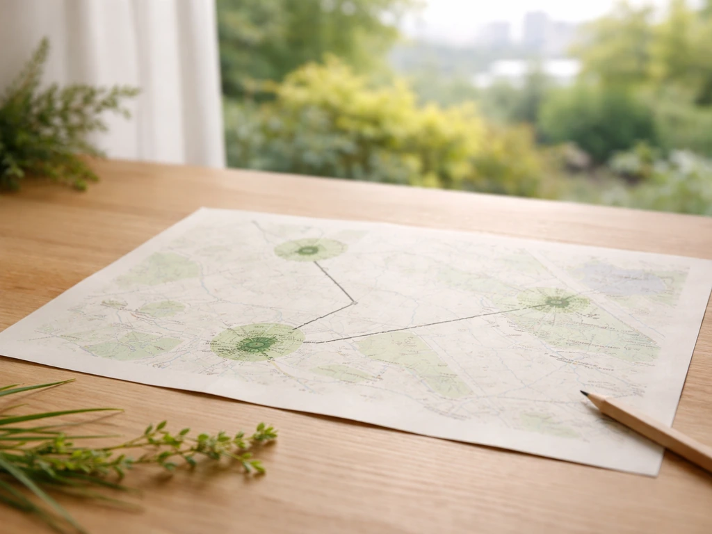 Carte papier à plat avec itinéraire à relier, herbes et nature en arrière-plan