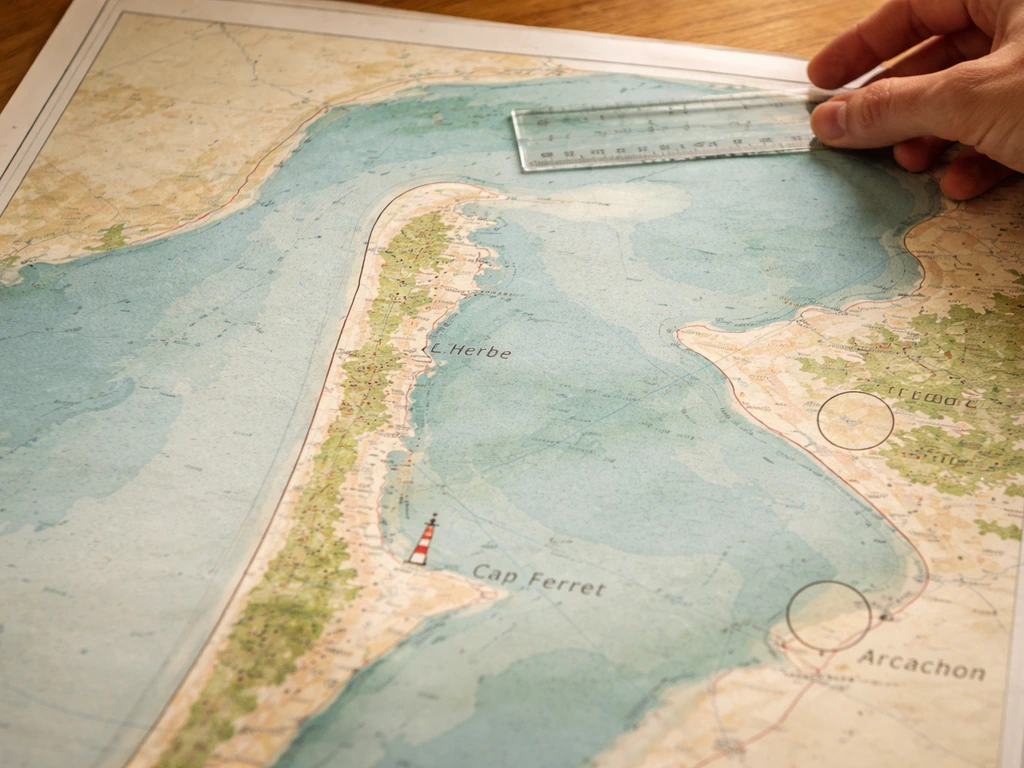 Carte papier du bassin d’Arcachon sur table, repères visuels pour situer L’Herbe près du Cap Ferret.