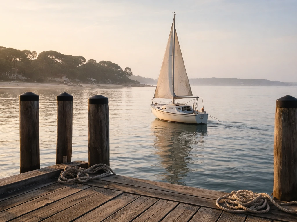 Embarcadère d’Arcachon au coucher du soleil, petit bateau en partance vers le secteur de L’Herbe