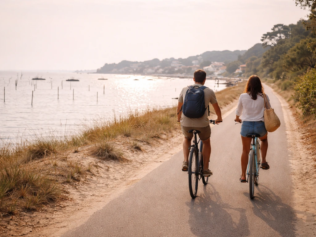 Cyclistes sur une piste cyclable au bord du bassin à Cap Ferret, vue vers L’Herbe.